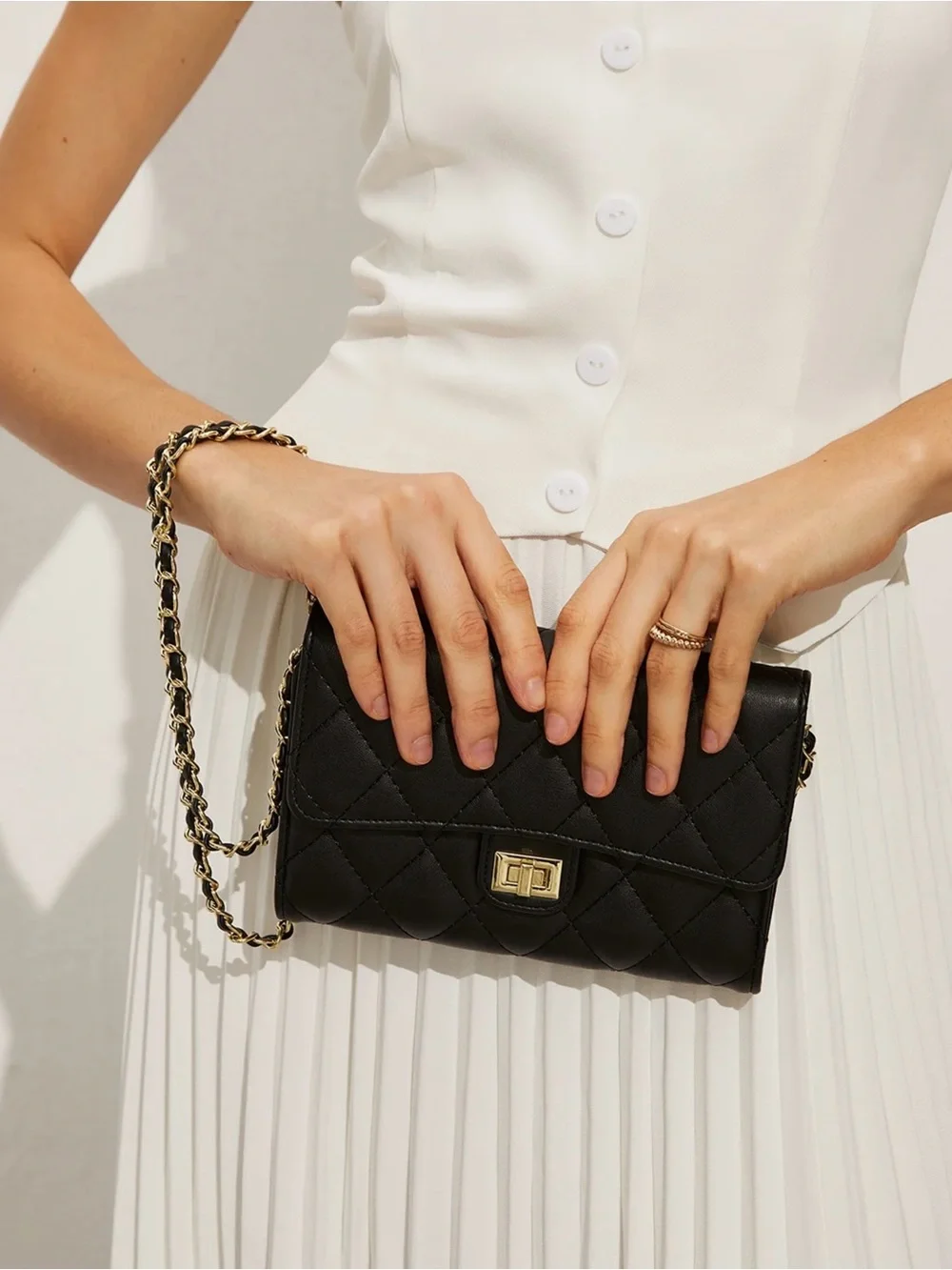 Commense Vintage Quilted Black Crossbody Clutch with Gold Hardware